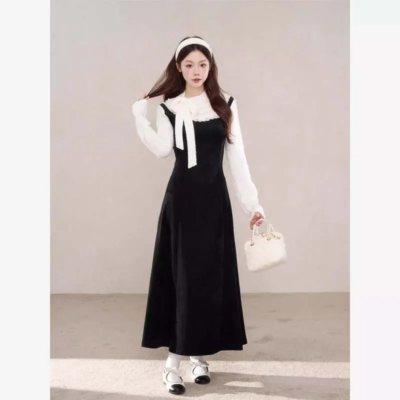 Długa spódnica damska z koronkowymi wstawkami, zimowa, nowa, wysoki stan, krój A, poliester, casual, okrągły dekolt.