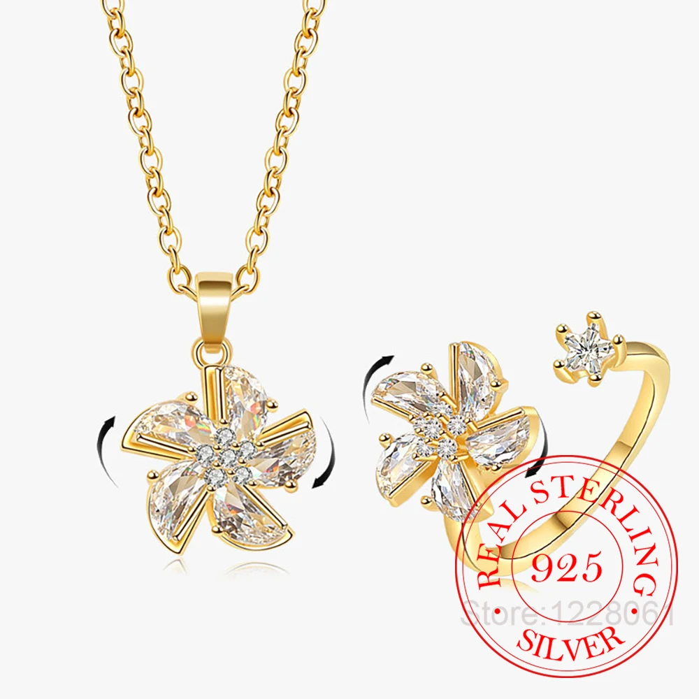 925 Sterling Silver Jewelry Crystal Flower Spinner Rotating Jewelry Set 2pcs Rings Necklace for Women Wedding Party Jewelry Gift