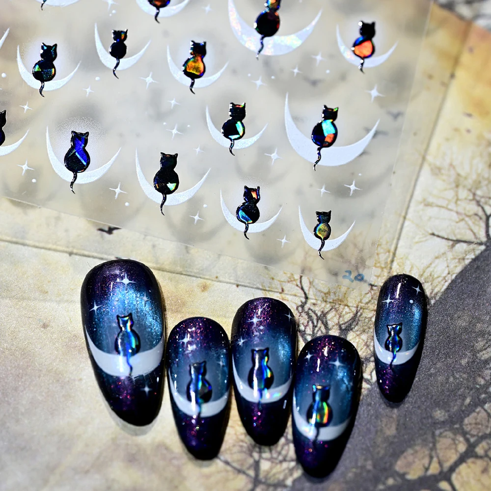 1/2PCS 5D Zwarte Kat Op de Maan Nail Art Sticker Leuke Cartoon Aurora Kleur Kitten Crescent Moon Starburst nail Decal NailSlider #