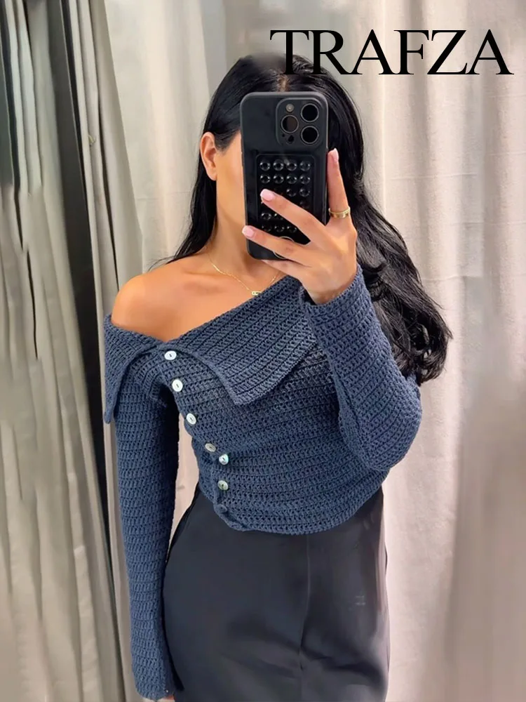 TRAFZA Female Autumn Casual Chic Top Solid Turn-Down Collar Long Sleeves Single Off Shoulders Breasted Women Fashion Sweater Top