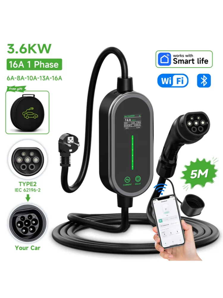 JNTAFEV 3,6 kW tragbares Ladegerät 16A Typ 2 Elektrofahrzeug-Ladegerät EV-Ladegerät CEE-Stecker Autoladegerät WIFI APP-Steuerung