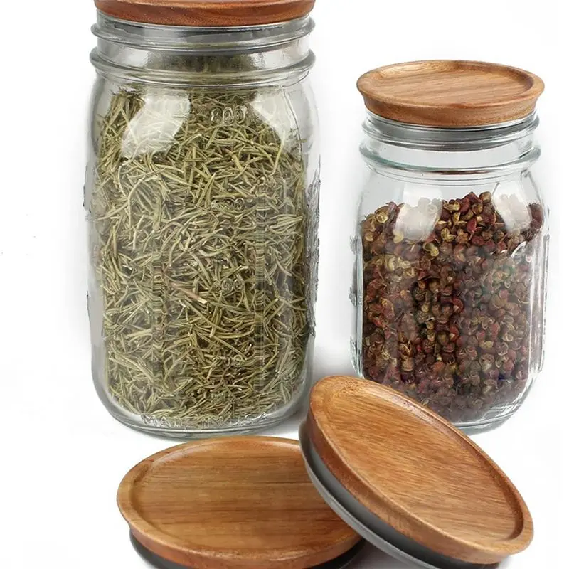 A78I Regular Mouth Jar Lids,Wooden Jar Tops,Canning Lids with Airtight Silicone Seal for Regular Mouth Jars,4 Pack