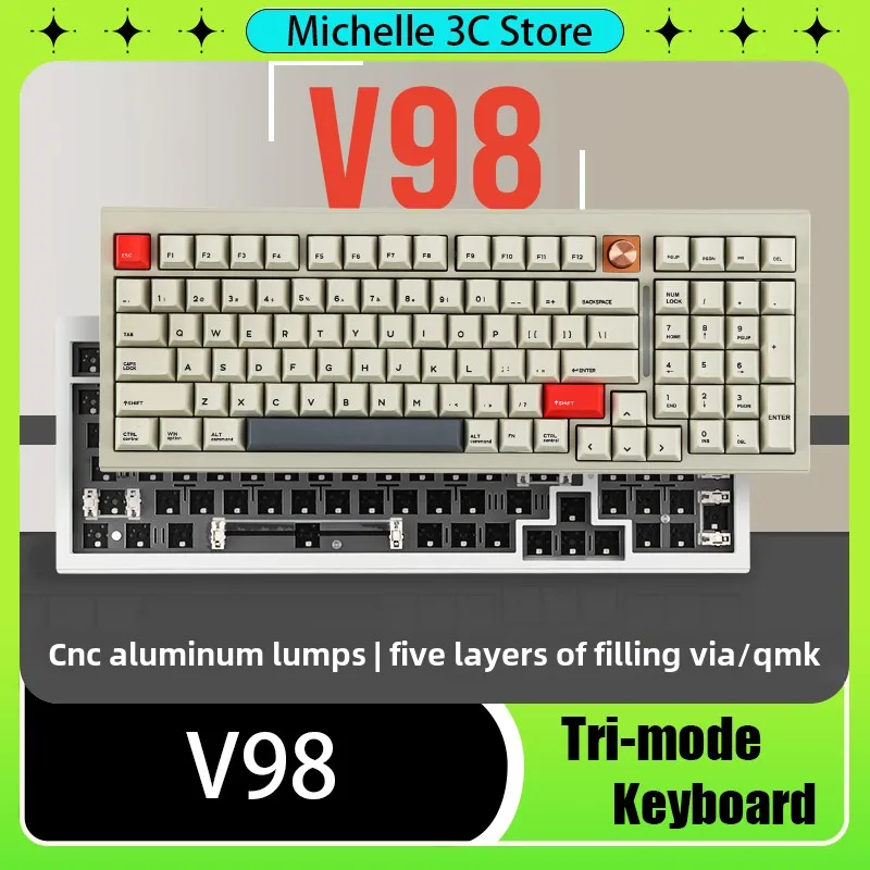 V98 Mechanical Keyboard Customized VIA Aluminum Turd RGB Wireless Bluetooth Three-mode GASKET Structure Game Office RGB 4000maH