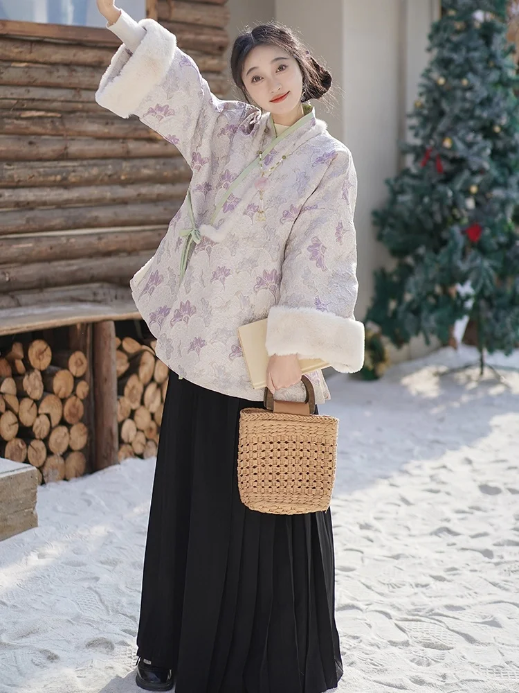 

Комплект Qiongyu Pavilion: Женский осенне-зимний костюм с подкладкой в стиле Минь, универсальный повседневный наряд, китайский стиль...