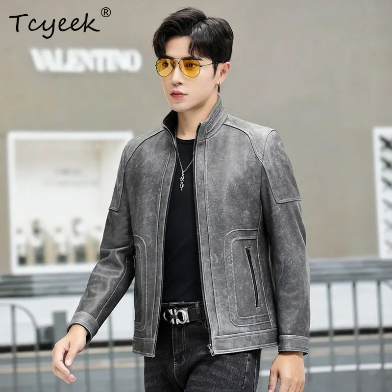 Tcyeek Real Leather Jacket Men Top Layer Sheepskin Mens Coats Spring Autumn Clothes Motocycle Jackets Slim Fit Jaquetas 2025