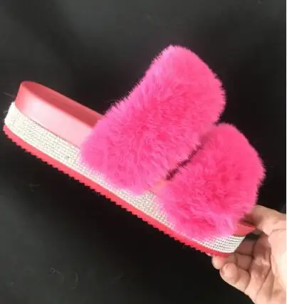 MS home anti-skid Spring/summer new 2024 new rhinestone thick bottom hairy slippers ladies plus size foreign trade hairy sandals