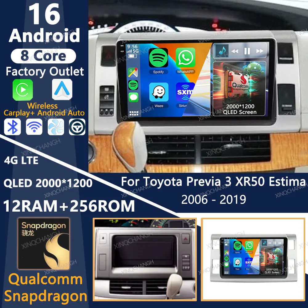Android 16 Car Radio For Toyota Previa 3 III XR50 Estima 2006 - 2019 BT Carplay Auto 4G WIFI GPS Multimedia Stereo Video Player