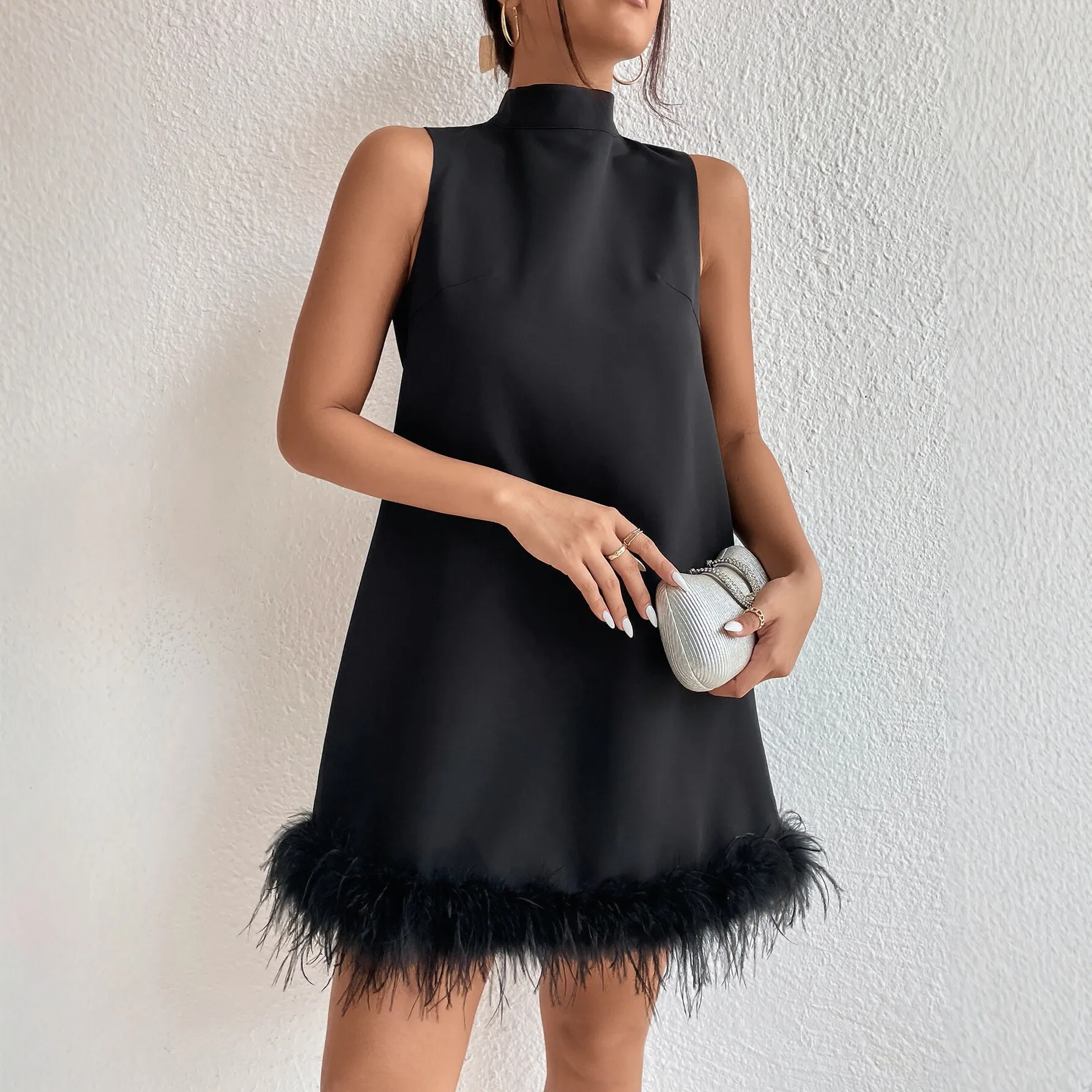 A Line Sleeveless Dress Elegant with Turtleneck Woven Short Skirt Mini Length Daily Commuter Chic Party Dress for Women Summer