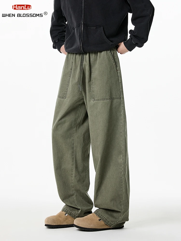 HANLU Spring Trend Cargo Pants fo Man Baggy Vintage High Quality Pure Cotton loose Casual Trousers Men's Wide leg Pants