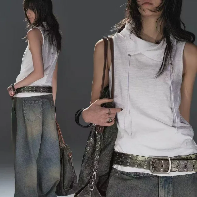 Y2k Aesthetic Turn Down Collar Drawstring Punk Tank Top Women Streetwear Casual Camisole Harajuku Grunge Vintage Button ​Ves