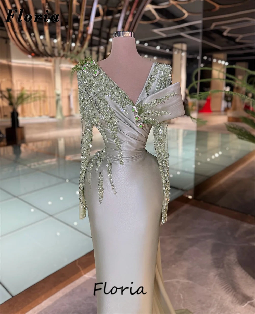 

Simple Green Mermaid Cocktail Dresses V Neck Beaded Evening Dress Birthday Party Gowns Robes De Soiree Customized Reception Gown