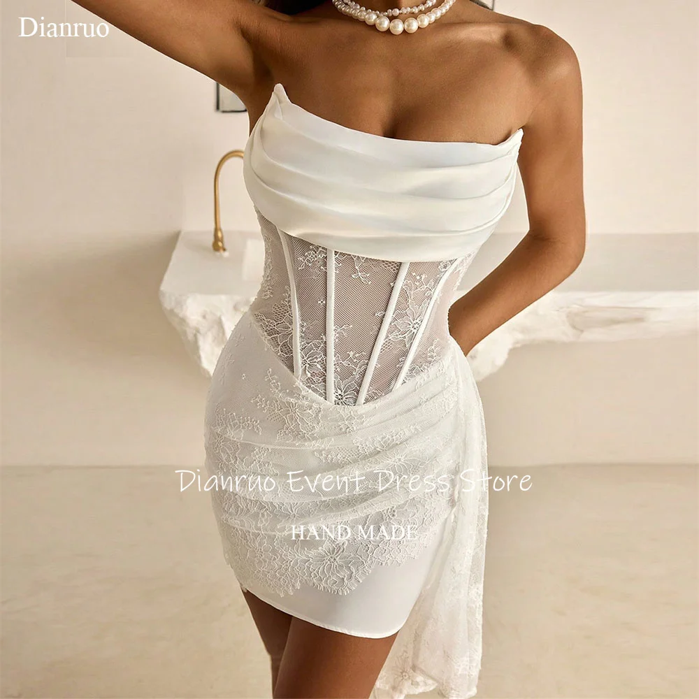 

Dianruo Strapless Draped Wedding Dresses Asymmetric Mini Lengrh Prom Dress Illusion Ruched Appliques Homecoming Dress Customized
