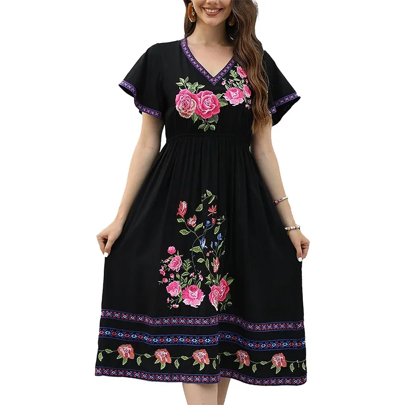 Eaeovni Mexican Embroidered Dresses for Women Boho Peasant Traditional Fiesta Hippie Bohemian Floral Cocktail Long Dress