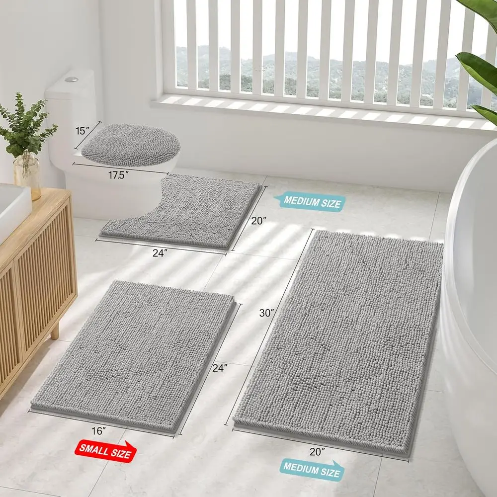 59x35 Soft & Absorbent Chenille Bath Rug, Machine Washable, Non-Slip Shaggy Mat for Shower, Tub, and Floor, Light Grey Home Deco