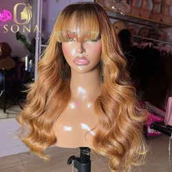 13x6 Honey Blonde Transparent Lace Frontal Body Wave Colored Burgundy 99j Red Human Hair Wigs With Bangs For Women Dark Roots 27