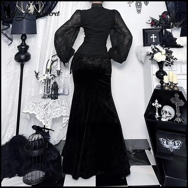 الخريف المرأة ذيل السمكة تنورة جديدة غير النظامية هيكل السمكة تنورة خمر ثقافة فرعية أسلوب فاسق موضة القوطية فستان ذيل السمكة الأسود #3