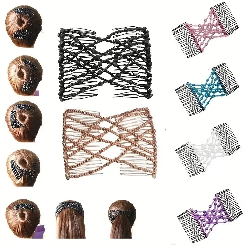 4-teiliges Set Magische Kämme, Elastische Perlen-Doppelkamm-Haarspangen, Retro-Stil Nahtloser Gabelkamm, Multifunktionale Dehnbare Haarspangen – Detail 2