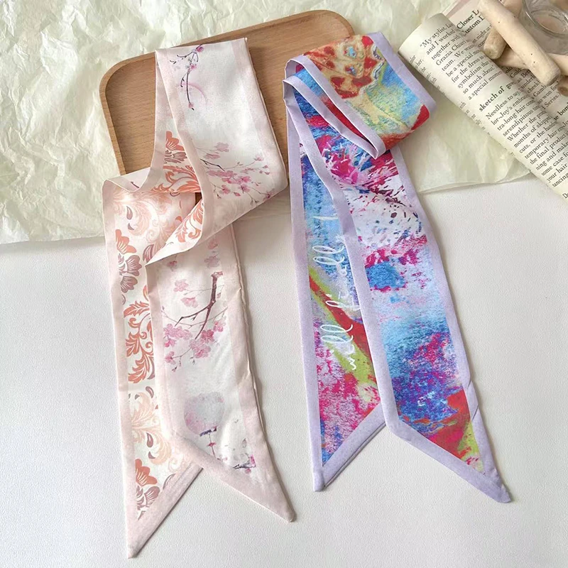 New Luxury Brand Small Silk Scarf Women Hair Band Bag Handbag Handle Ribbon Scarf Band Flowers Printing Neck Scarves Neckerchief image 4