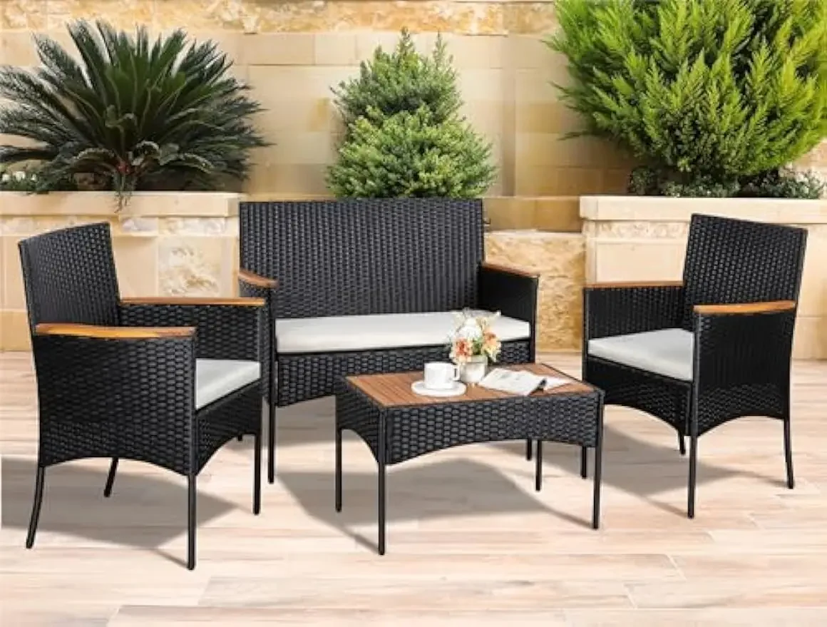 Patio Furniture Set 4 Piece Conversation Set, Outdoor Wicker Rattan Chairs Lawn Backyard Pool with Cushions & Table, Black/Beige