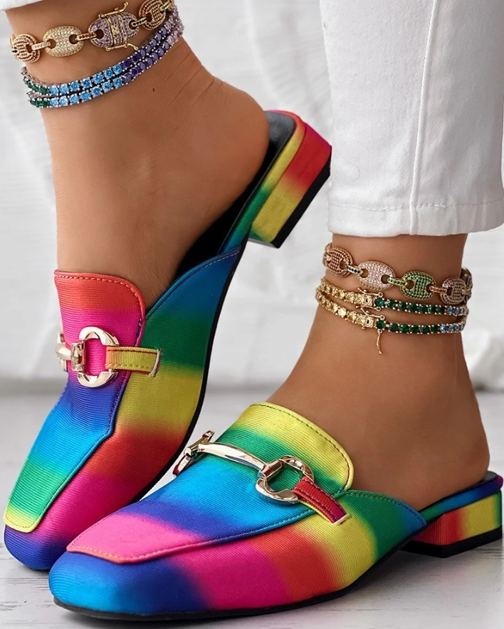 Rainbow Ombre Buckled Chunky Heel Casual Slippers