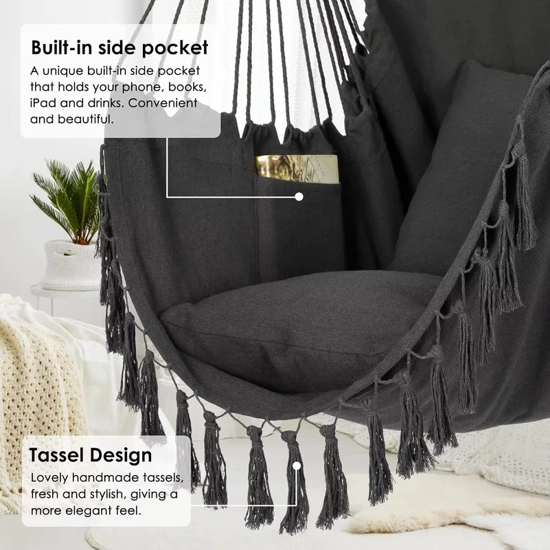 Macrame Hanging Chair with 2 Pillows | 500lb Capacity Cotton Rope Swing | Pocket Design Indoor/Outdoor Use