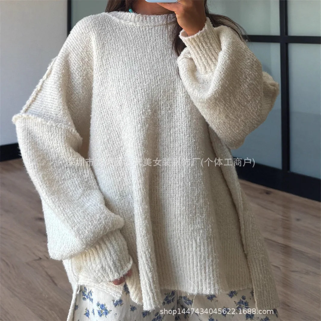 

Осень-зима 2025 г., новый бежевый свитер с круглым вырезом и длинными рукавами, женский свободный дизайн с боковыми разрезами, несколько вариантов цвета