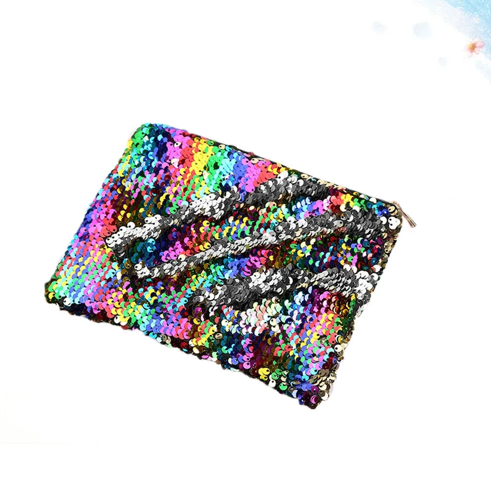 Glitter Sequin Pencil Bag Rainbow Silver Fashionable Multifunctional Zipper Pen Pouch for Women Students Stationery Glamorous