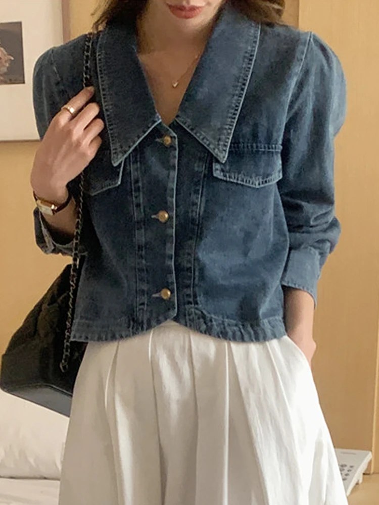 Csa de Denim Curta de Manga Longa Estilo Retro Chic, Ajuste Solto, Estilo Versátil, Fechamento com Botão, Cor Pura, Moda d...