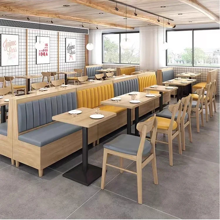 

A Commercial dining table set Leather booth seat set Solid wood restaurant furniture Cafe dining table and chairs