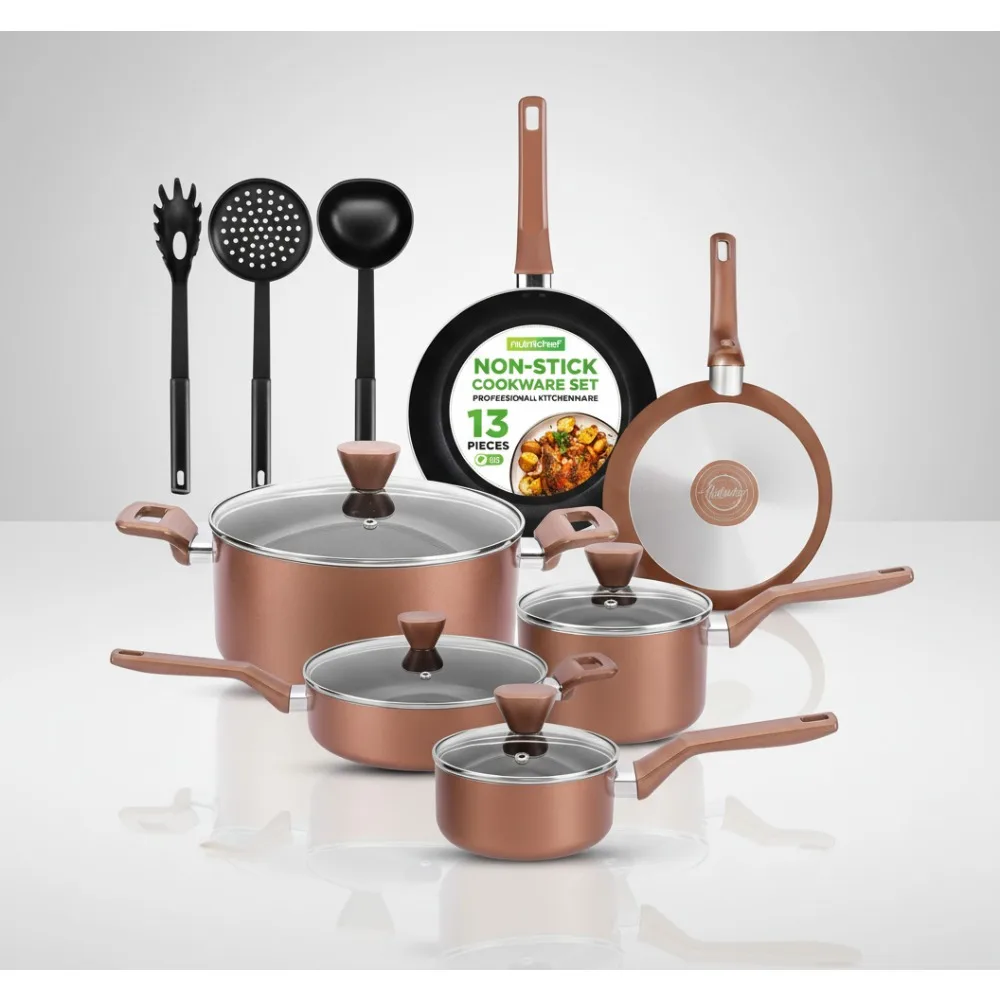 

13-Piece Nonstick Cookware Set PFOA/PFOS-Free Heat Resistant Kitchen Pots Pans Lids Utensils for Home Chefs