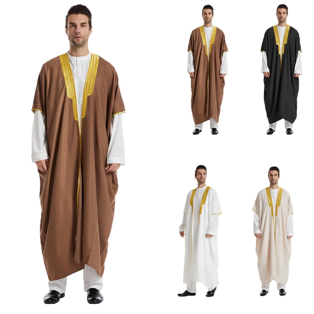 Men Saudi Muslim Abaya Loose Islamic Arabia Dress Turkey Thobe Jubba Traditional Dubai Short Sleeve Kaftan Festival Clothing