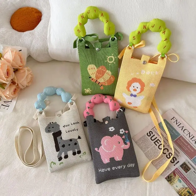 

Korean Style Knitted Mobile Phone Bag Portable Commuter Crossbody Square Bag Cute Cartoon Design Versatile Small Size