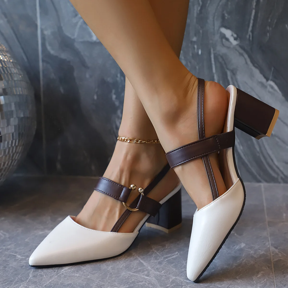 

Elegant Pointed Toe Chunky Heel Sandals Women Summer Slingback High Heels Pumps Woman Fashion Thick Heeled Party Dress Sandalias