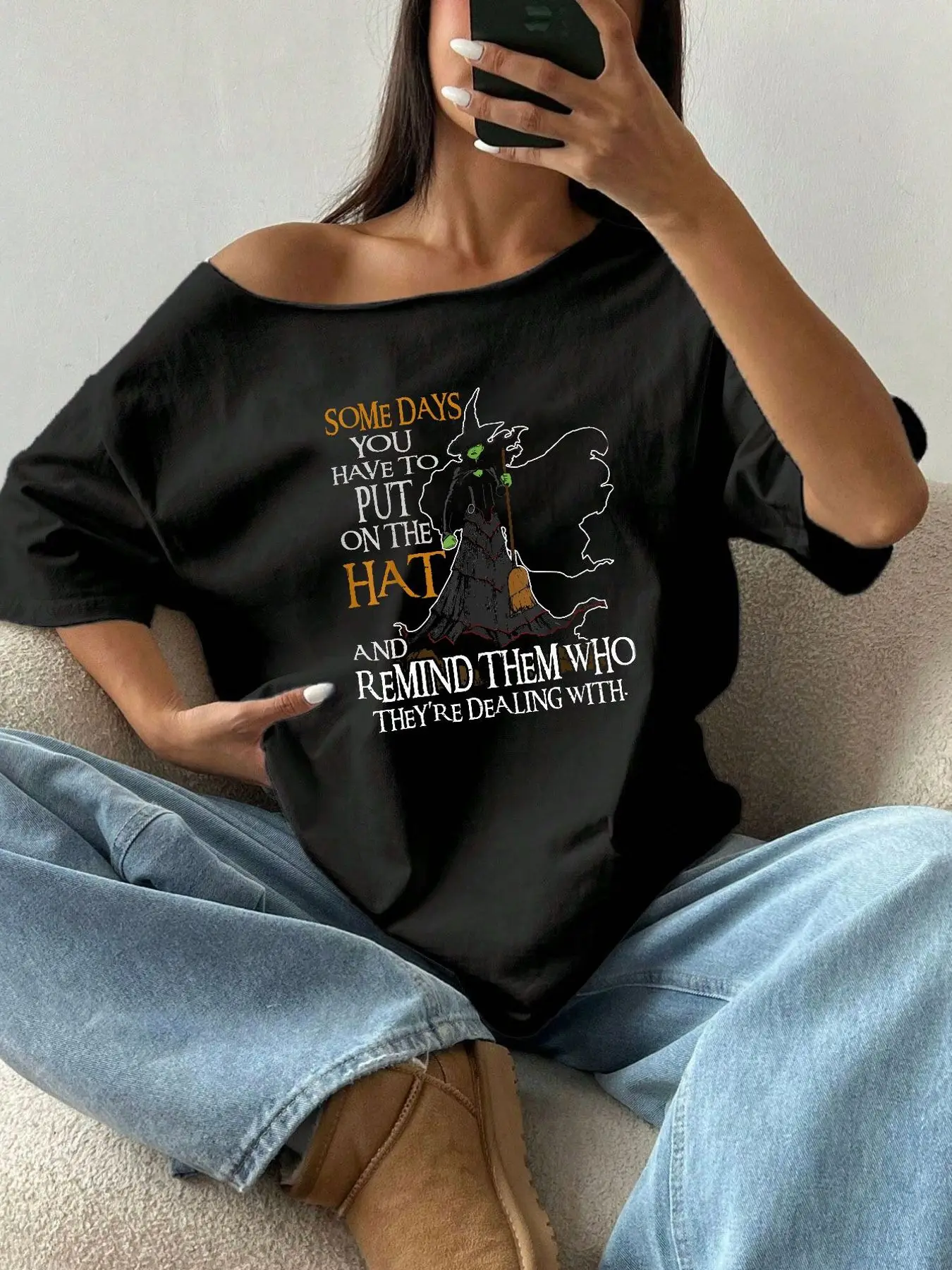 100% Cotton Plus Size Halloween Witch Graphic Print Shoulder Loose Print T-Shirt Oversized Y2K Style Graphic Tees Women Tops