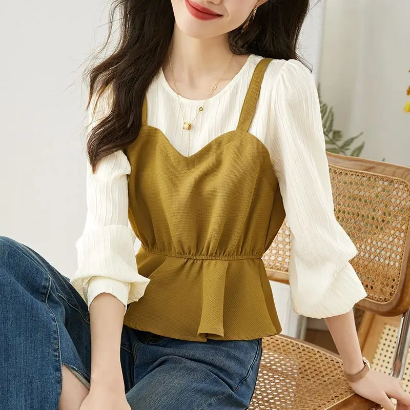 التباين كم طويل الكشكشة وهمية قطعتين مزاجه بلوزة ربيع الخريف قميص أنيق بلايز موضة مكتب النساء الملابس #4