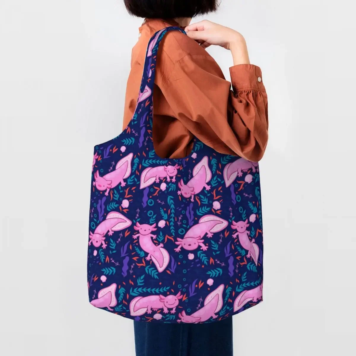 Axolotl Pattern Grocery Shopping Bags Printing Canvas Shopper Tote Shoulder Bag Big Capacity Washable Salamander Animal Handbag