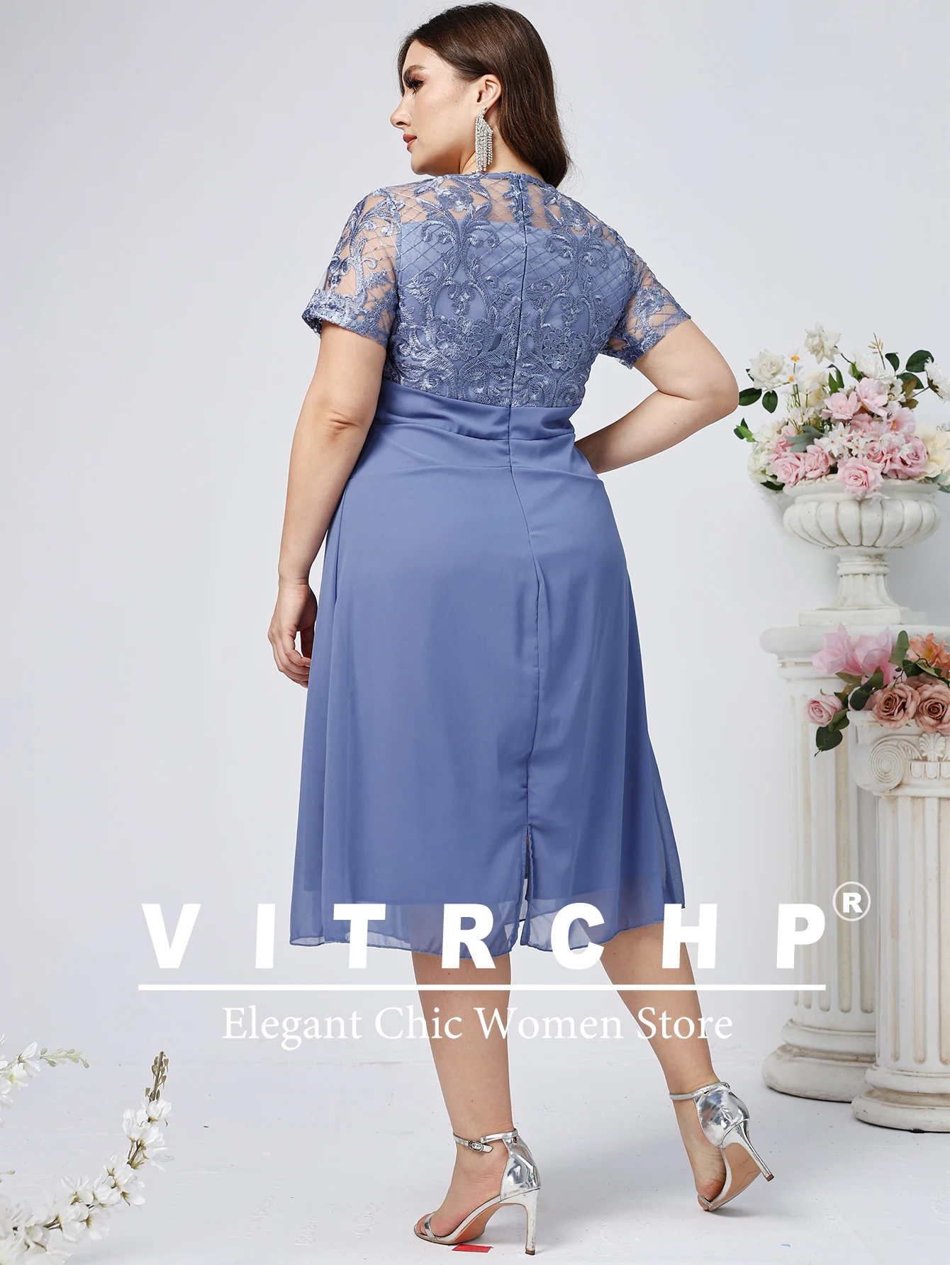 Plus Size Wedding Guest Dresses Women O Neck Lace Short Sleeve Elegant Party Dresses Fashion Solid Color Evening Dress