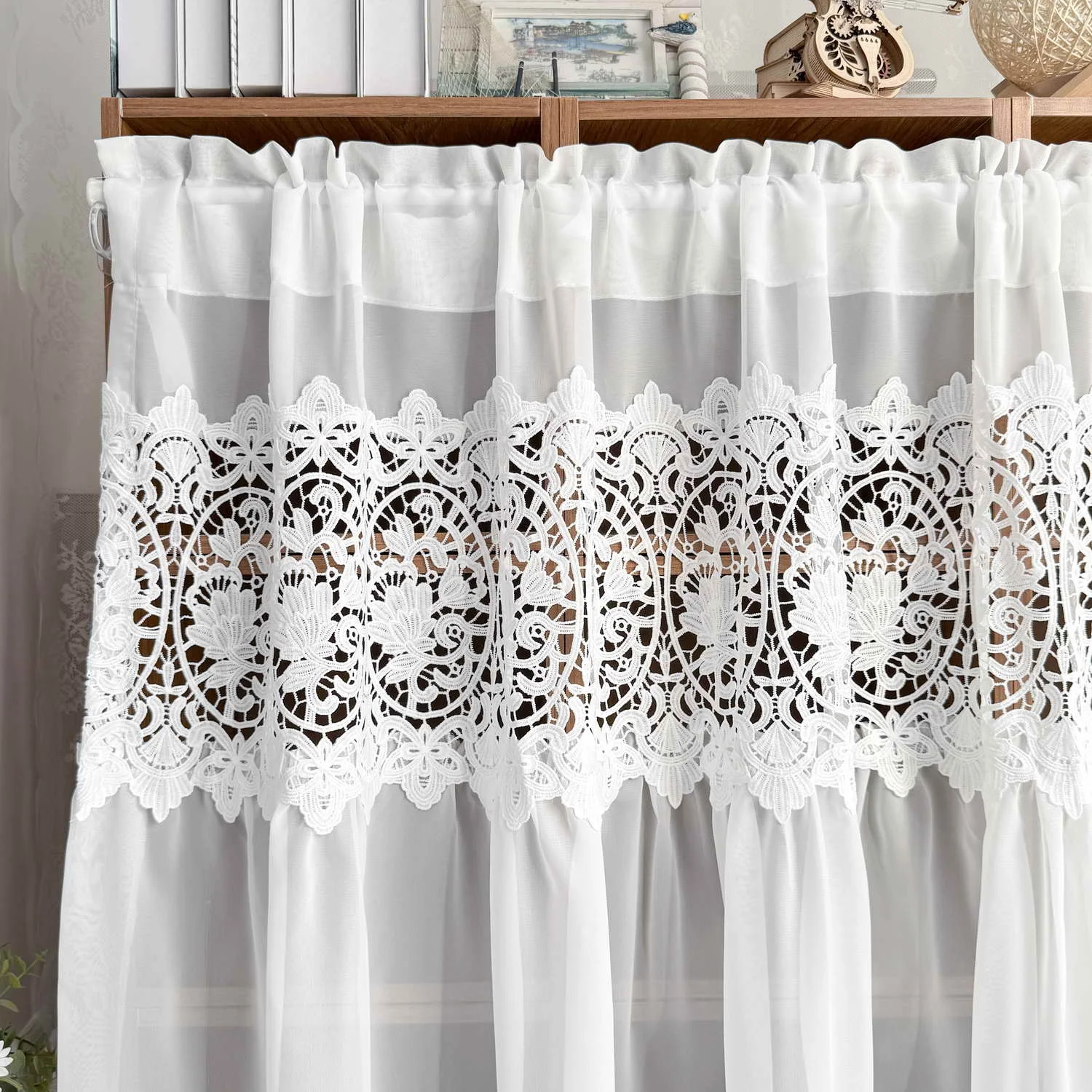 French Vintage Hollow Flower Lace Sheer Curtains for Kitchen Small Window Panel Half Curtain, Rod Pocket Cafe Curtains