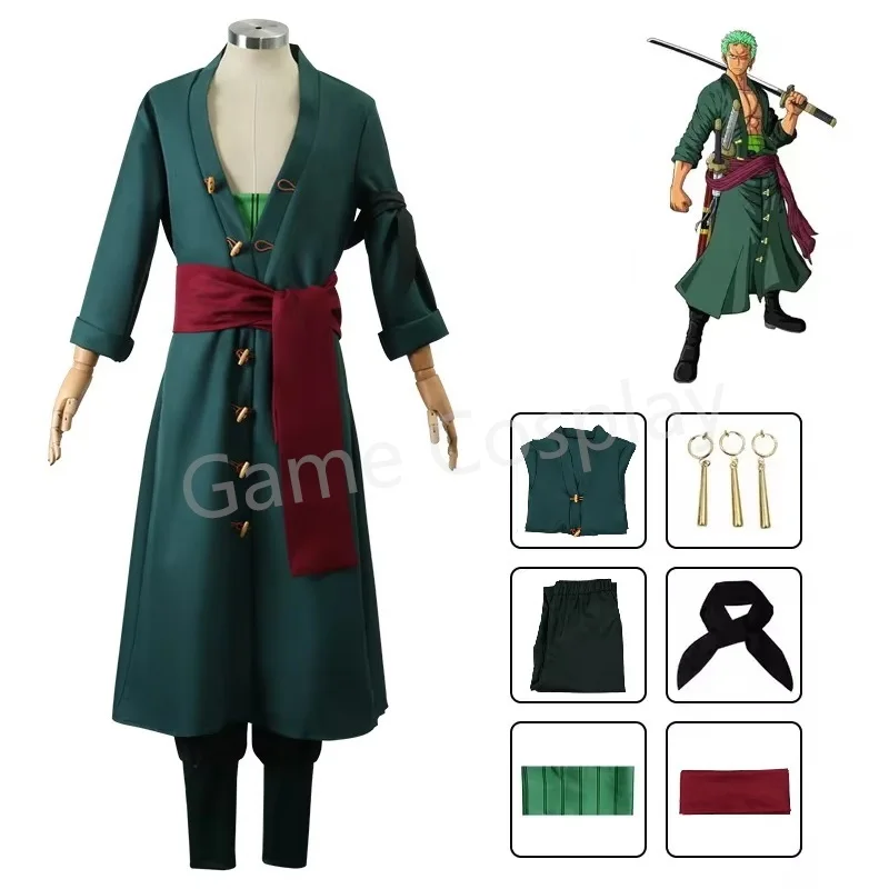 Anime Figuren Roronoa Zoro Cosplay Kostuum Uniform Groene Jas Broek Hoofddoek Roronoa Zoro Pruik Oorbellen Halloween Mannen Kleding