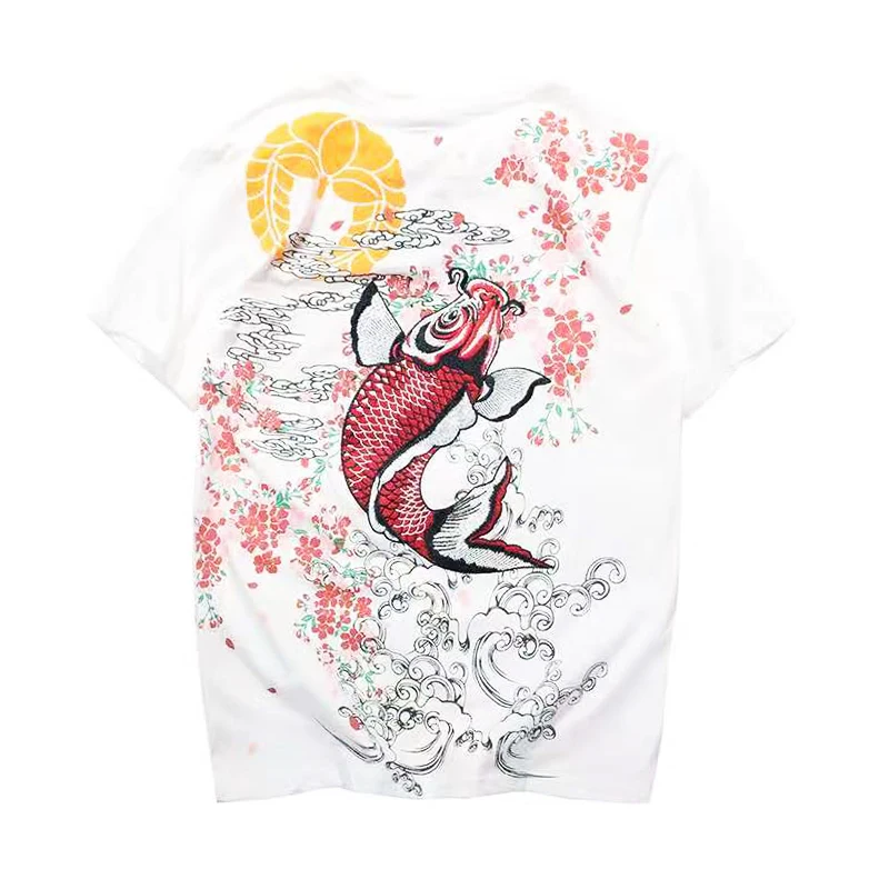 Lyprerazy Japanese Harajuku Ukiyoe Vintage Embroidered T-shirt Men Short-sleeved Chinese Style Carp Fish Embroidery T Shirt