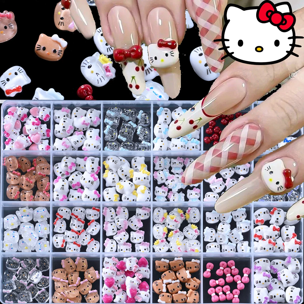 

12/24grids 3D Mixed Cartoon Glitter Hello Kitty Head Nail Charms Pink/Blue/Red Bow Kawaii Kitty Nail Rhinestone DIY Nail KT Part