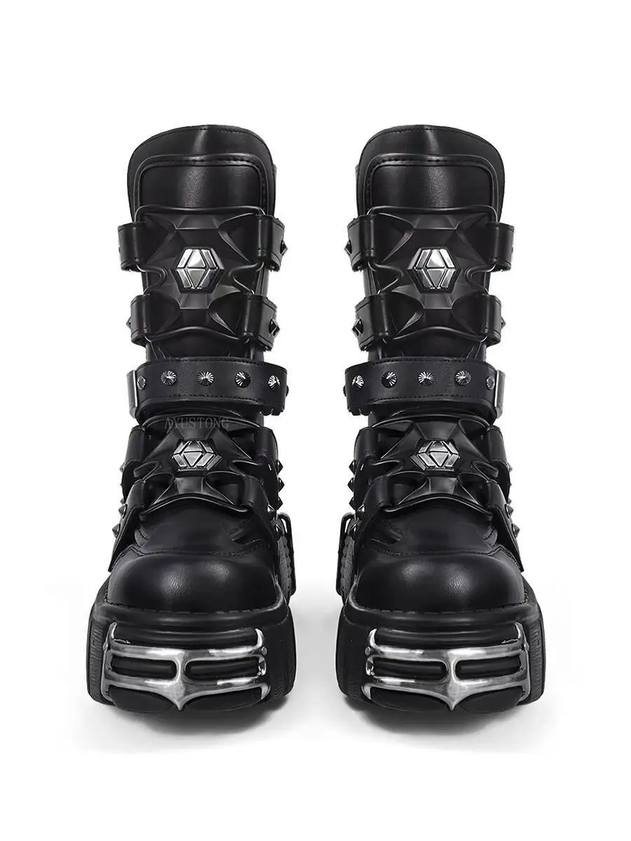 Metallic rock platform midsole boots Dark punk biker boots Gothic rivet heightening platform boots for men and women