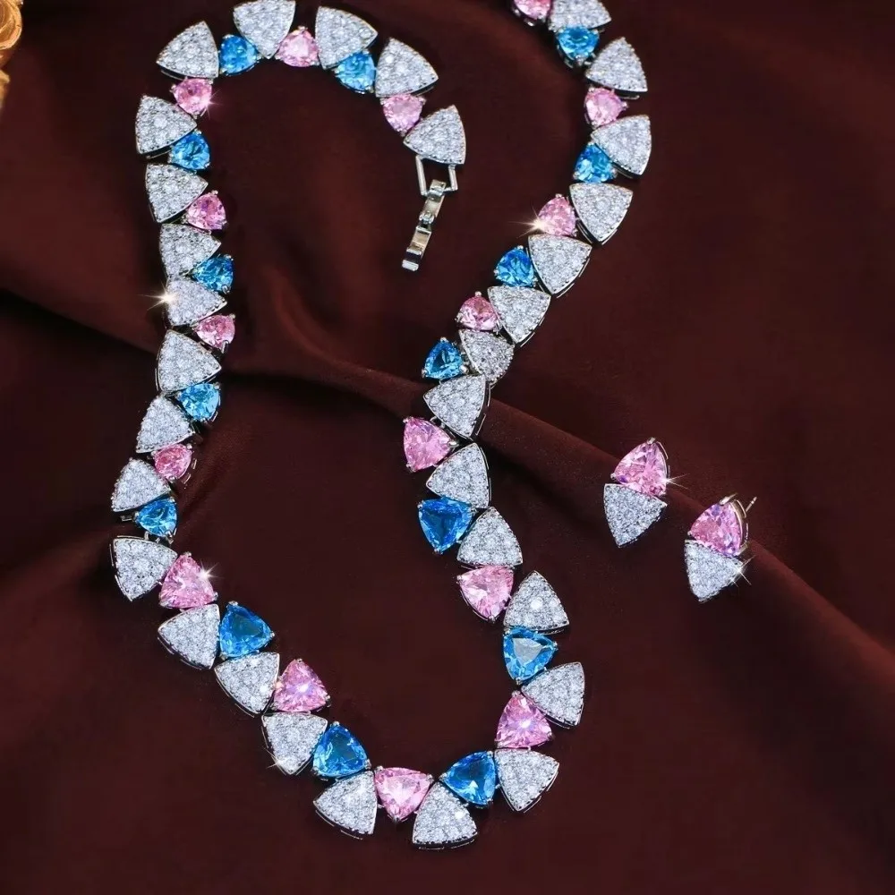 Shiny Zirconia Necklace Earring Set Pave Setting Triangle Shape Bridal Jewelry Set Clavicle Choker Sparkling Finish