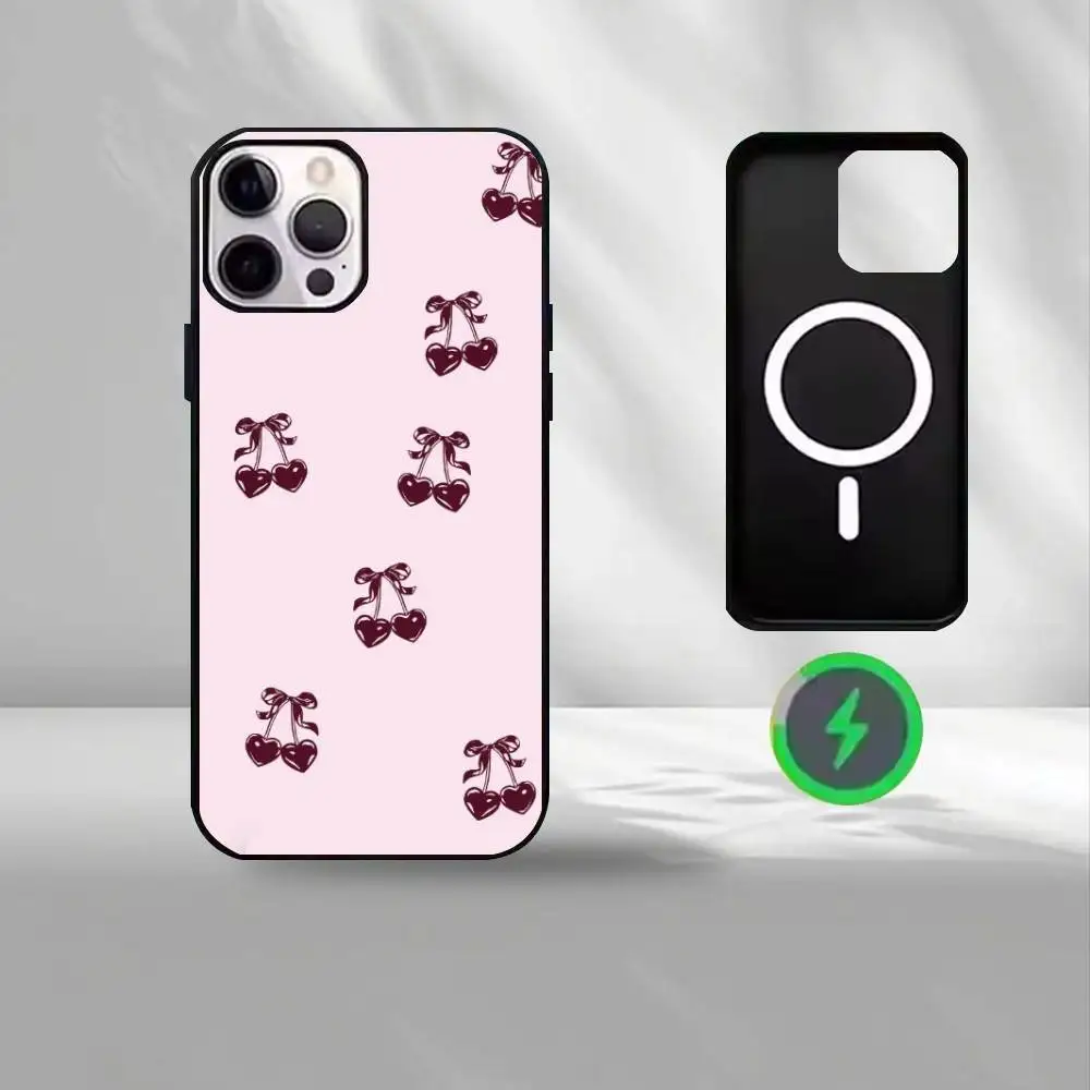 Schwarz-rosa Kirsch-Handyhülle für iPhone 17, 16, 15, 14, 13, 12, kabellose Lade-Schutzhülle, weiche Abdeckung