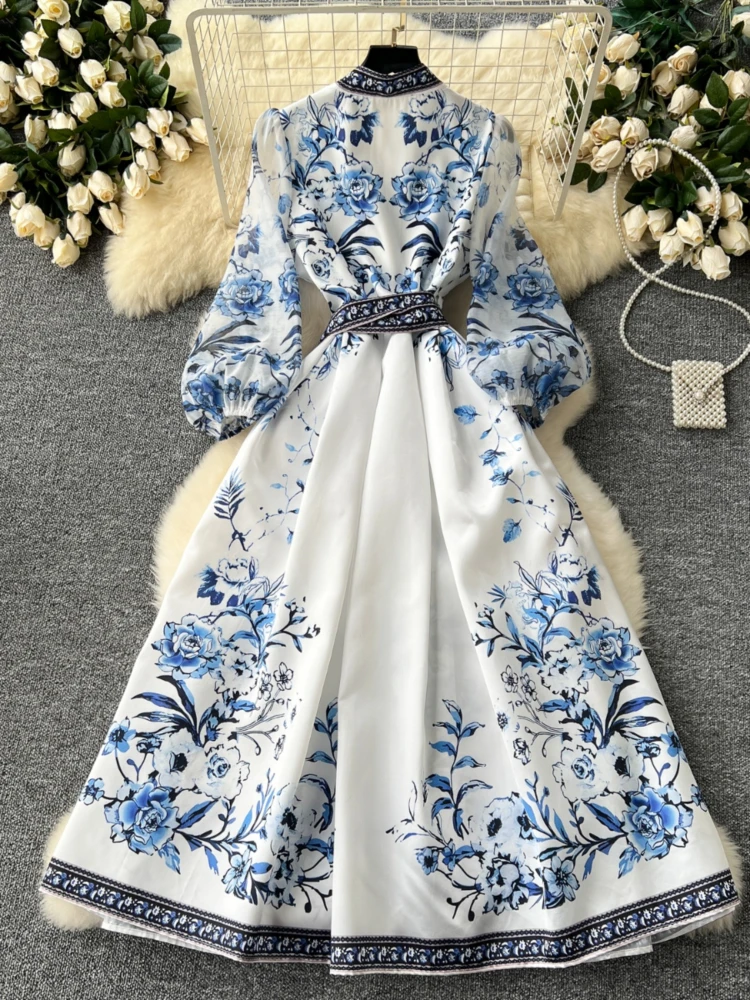 Women Vintage Printed Dress Spring Autumn Sexy V-neck Print High Waist Tied Bandage Long Dresses Ladies Elegant Party Long Robe