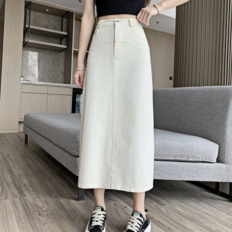 

REALEFT Vintage Washed Denim A-line Midi Skirts for Women 2025 New Summer Solid Back Split High Waist Wrapped Women's Skirts