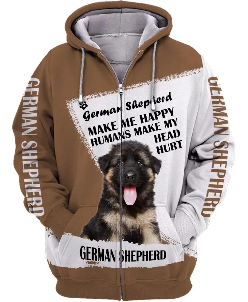 Make Me Happy Humans Make My Head Hurt German Shepherd 3D Print Men For Women Pullovers Zipper Hoodie Street Tracksuit