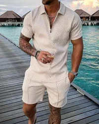 Conjunto de camisa polo e shorts monocromático impressão 3D masculina, agasalho com zíper, camiseta extragrande, roupas de moda verão, tendência, 2 peças