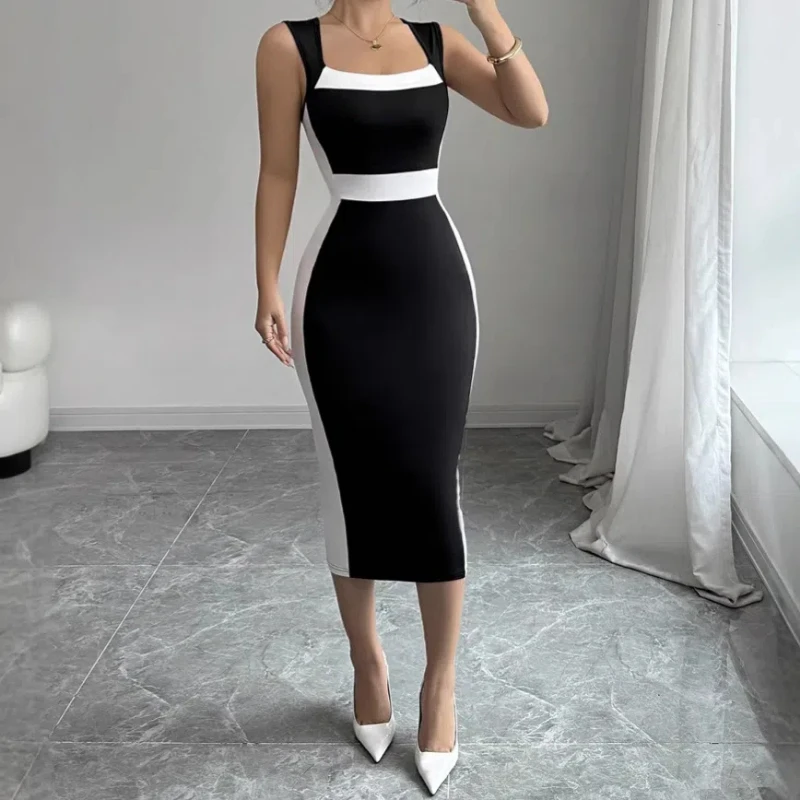 

2025 Summer New Amazon Cross-border Women's Clothing, Intellectual Style Dress, Square Collar Suspender Contrast Color