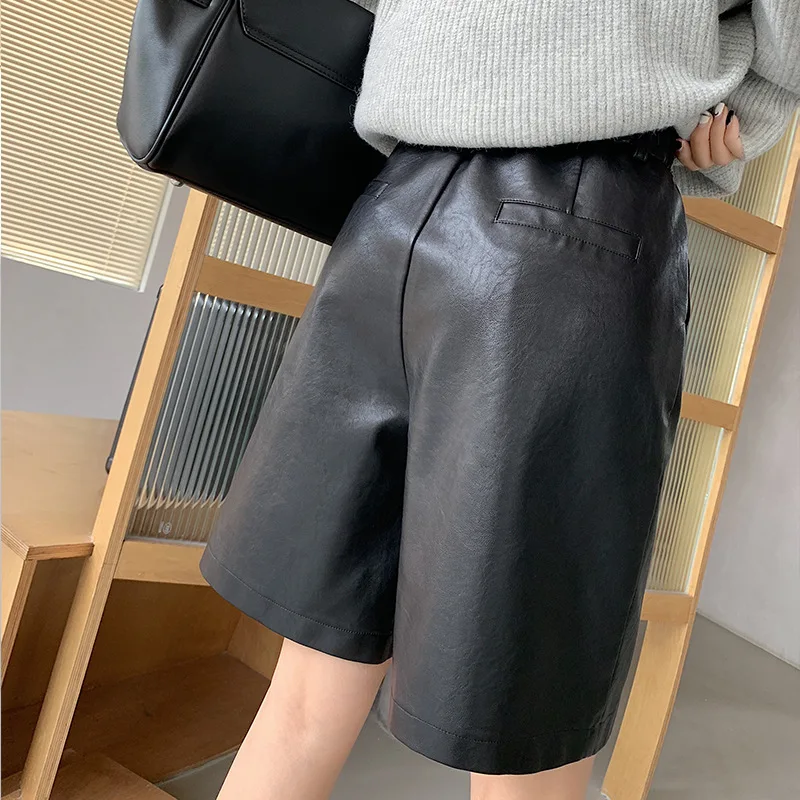 High Waist Women PU Leather Shorts Motorcycle Female  Loose Shorts Green Spring Summer 2025